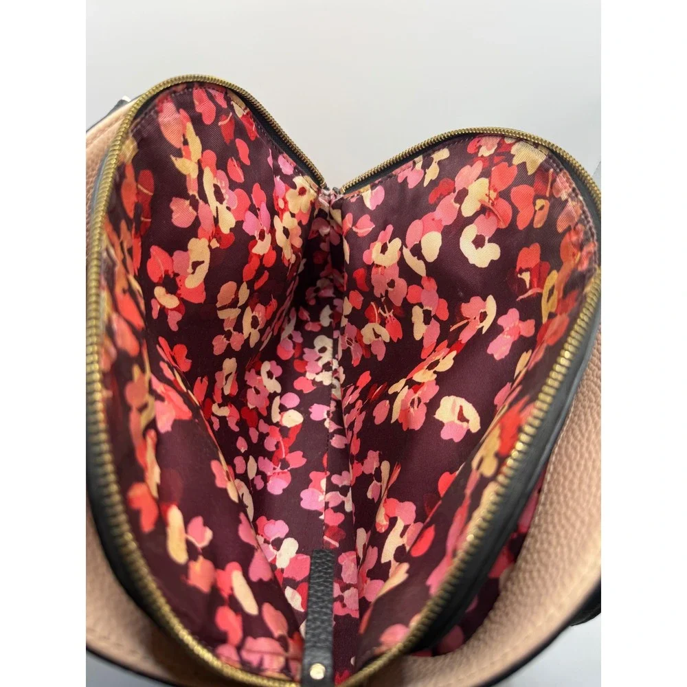 Kate Spade New York Pebbled Leather Dome Satchel Beige Black Floral Lining